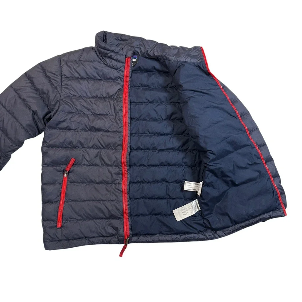 Patagonia Kids Down Sweater Jacket Navy Blue Red Full Zip Puffer Size M 10 Youth